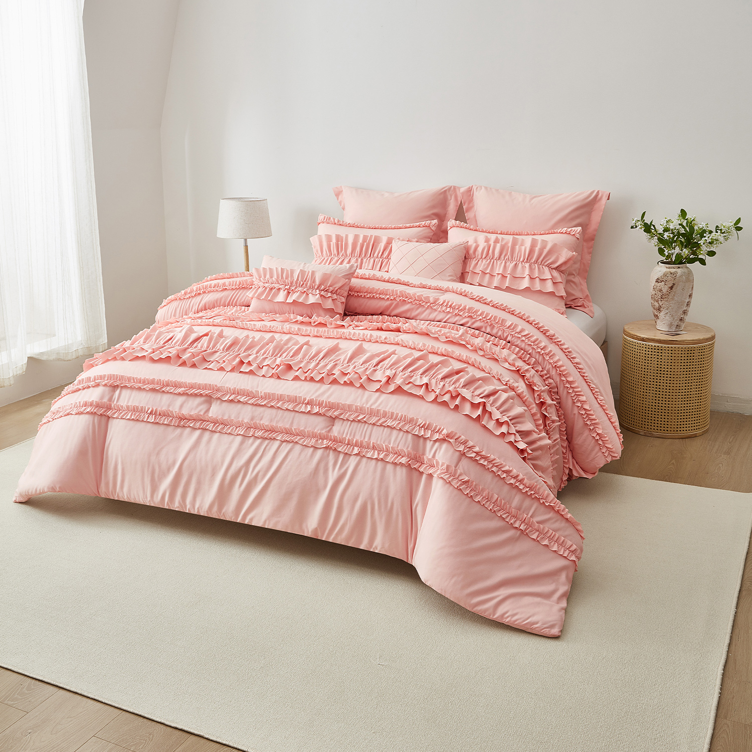EvJk 7-Piece Peach Comforter Set - Delicate Butterfly Ruched Design , King Size in a Bag