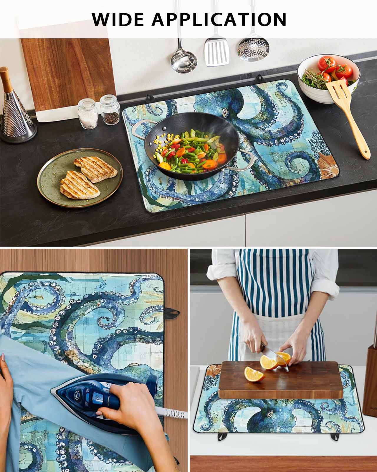 nqOlkjepod Large Induction Cooktop Protector Mat 36"x21", Ocean Blue Octopus Stove Top Covers for Electric Stove, Summer Watercolor Vintage Coral Stove Burner Cover Mats, Glass Top Stove Cover