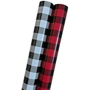 Christmas Wrapping Paper Set - Buffalo Plaid in Black, White and Red - 200 Sq Feet (Bundle of 2 Jumbo Rolls, 100 Sq Feet Each) of Rustic Vintage Holiday Wrap with Grid Lines for Easy Cutting