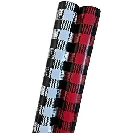 Christmas Wrapping Paper Set - Buffalo Plaid in Black, White and Red - 200 Sq Feet (Bundle of 2 Jumbo Rolls, 100 Sq Feet Each) of Rustic Vintage Holiday Wrap with Grid Lines for Easy Cutting