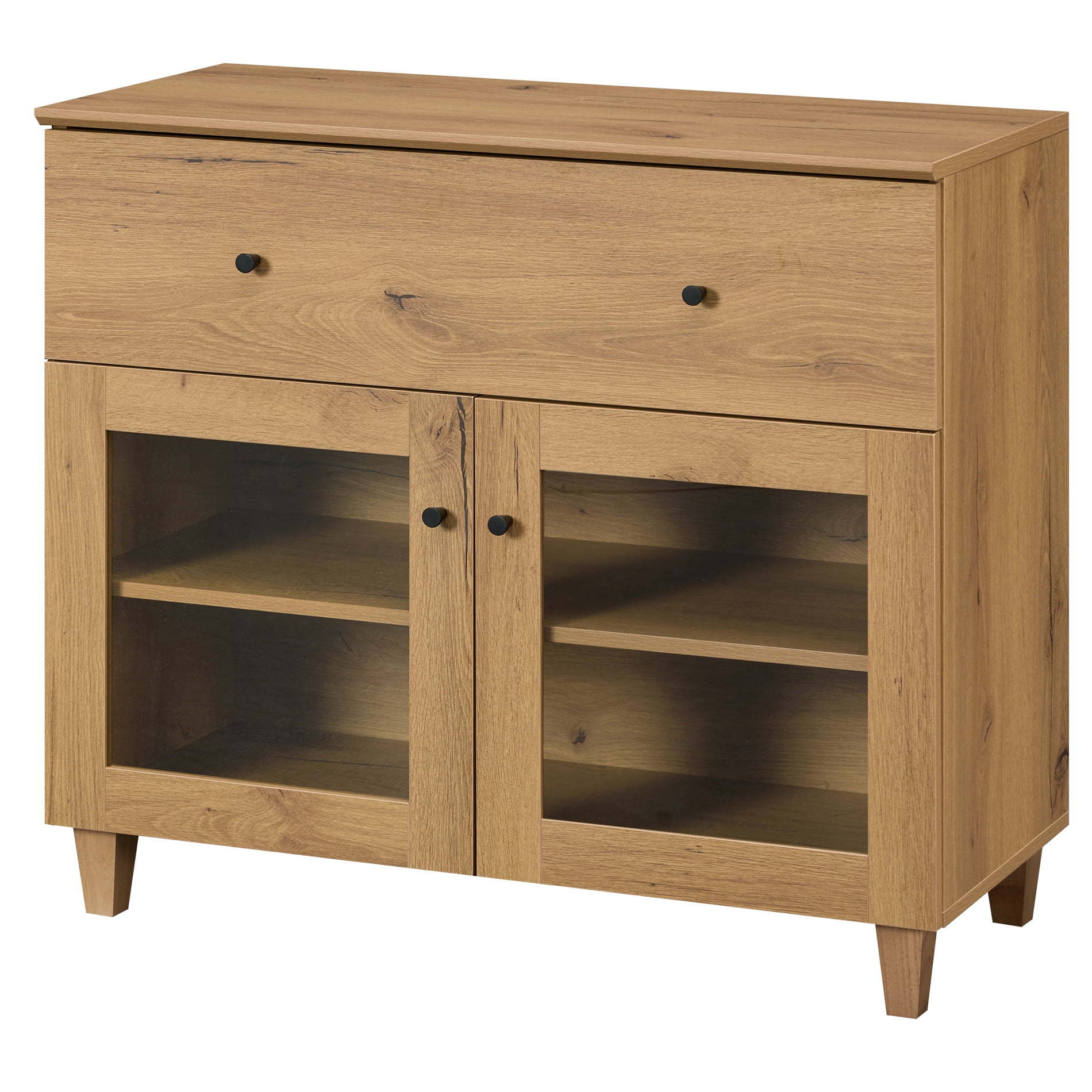 Large Bedroom Nightstand with Glass Doors, Tall Bedside Table with Drawer, Shelf and Cable Management, Brown