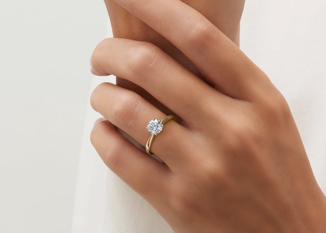 Classic 14K Yellow Gold Plated Round Cut Moissanite Minimalist Solitaire Engagement Ring for Women