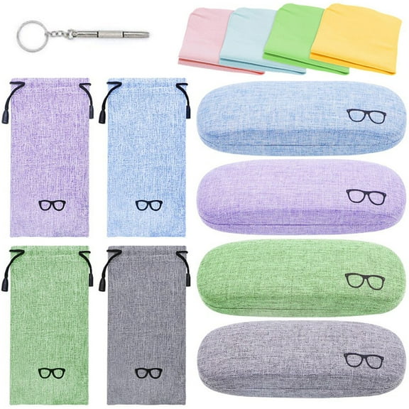 JUMRHFAN 4 Pack Glasses Case, Hard Shell Eyeglasses Case with Storage Bag and Soft Glasses Cloth, Unisex Portable Sunglasses Case with Glasses Clip and Glasses Screwdriver (4 Colors)