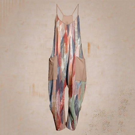 

Dasayo Pink Casual Jumpsuits for Women Casual Boho Print Pocket Romper Long Playsuit Strap Sleeveless Jumpsuit