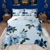 Feelyou Blue Fashion Flower Queen Comforter Set, Watercolor Floral Bedding Sets, Teens Adult Women Girls Reversible Bedding Comforter Set, Luxury Bedroom Decor, 3 Pieces