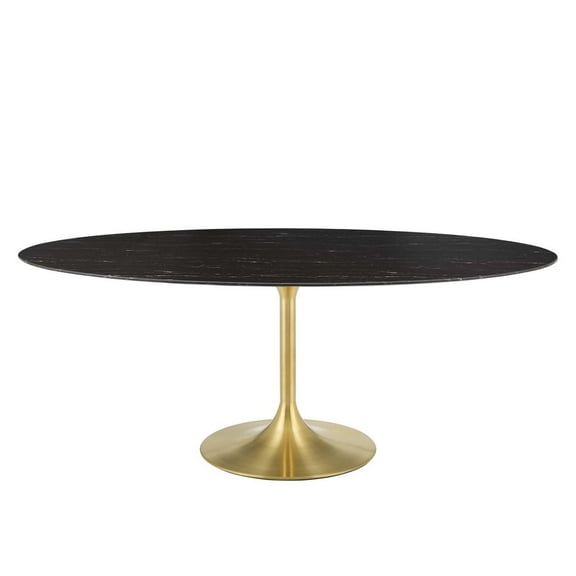 78 Inch Dining Table, Gold Black, Artificial Marble, Metal Steel, Oval, Mid Century Kitchen Cafe Bistro Hospitality Restaurant, Modern Contemporary Boutique HB33798