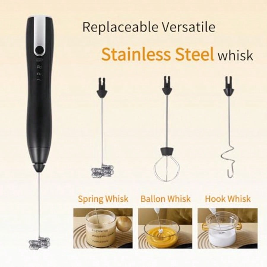 Rechargeable Milk Frother HandheldKitchen Essentials Hand Mixer with 3 Stainless Whisks Heads Electric Whisk Frother for Latte Cappuccino Matcha Egg Milk Powder with Stand black