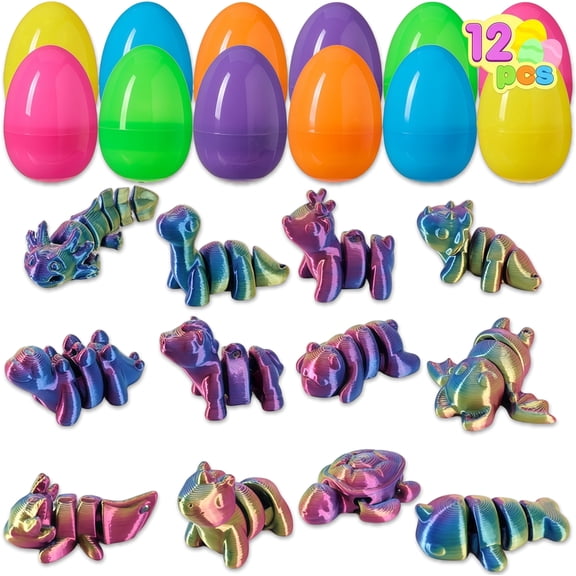 12 Pack Easter Eggs and 3D Printed Articulated Animal Fillers Set, Basket Stuffers, Party Favors