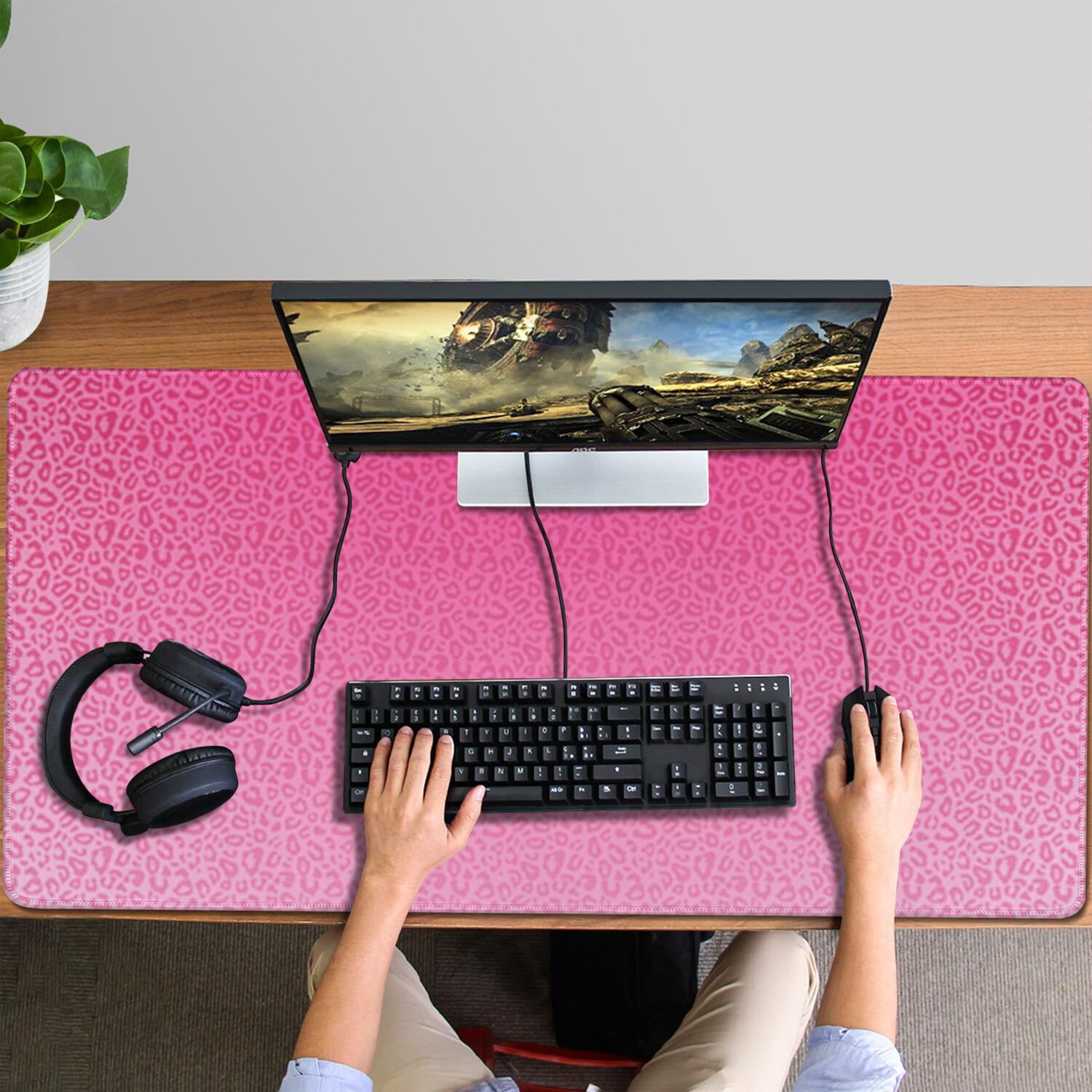Long Mouse Pads for Desk,Pink Gradient Leopard Print Desk Mats on Top Of Desks, Desk Mouse Pad Extra Large with 3mm Non-Slip Base and Stitched Edge for Gaming,Office,Work,Home 47.3"x23.6"