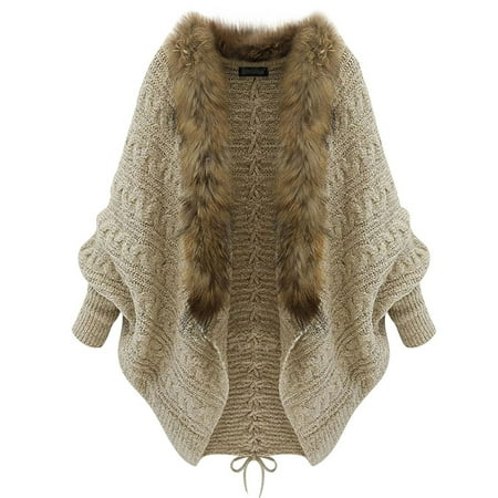 

Women s Elegant Knit Poncho with Faux Fur Trim Cozy Winter Shawl Cape Stylish Warm Sweater Wrap for Cold Weather