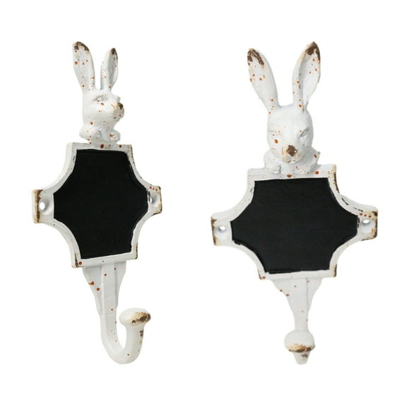 Pack Of 2 Antique White Pewter Bunny Rabbit Head Wall Coat Hooks With Chalkboard