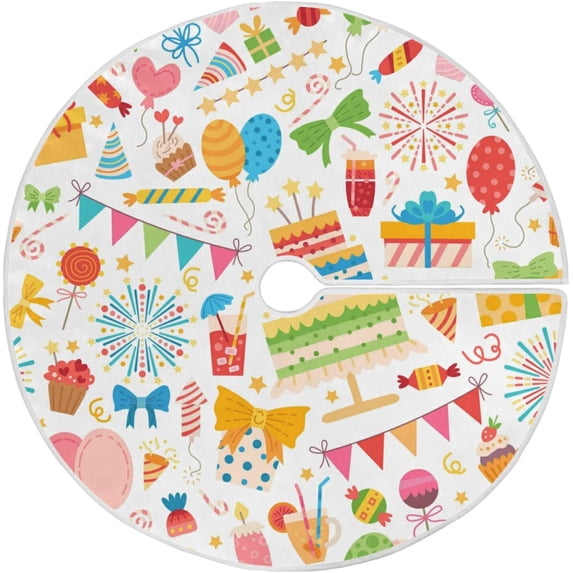FMSHPON Happy Birthday Party Fireworks Xmas Christmas Tree Skirt Stand Mat for Holiday Party Decoration Indoor Outdoor 36 inches