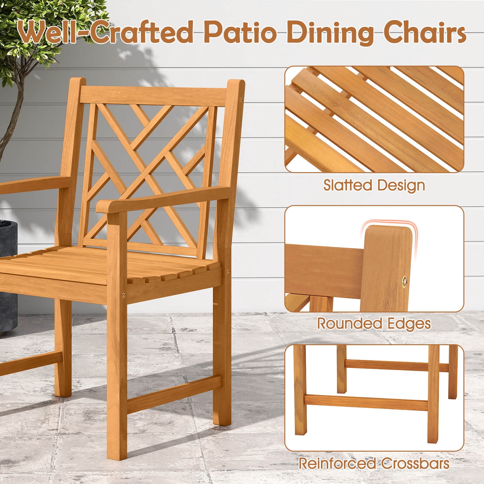 Costway Outdoor Dining Chairs Set of 2 Acacia Wood Slatted Patio Chairs with Armrests