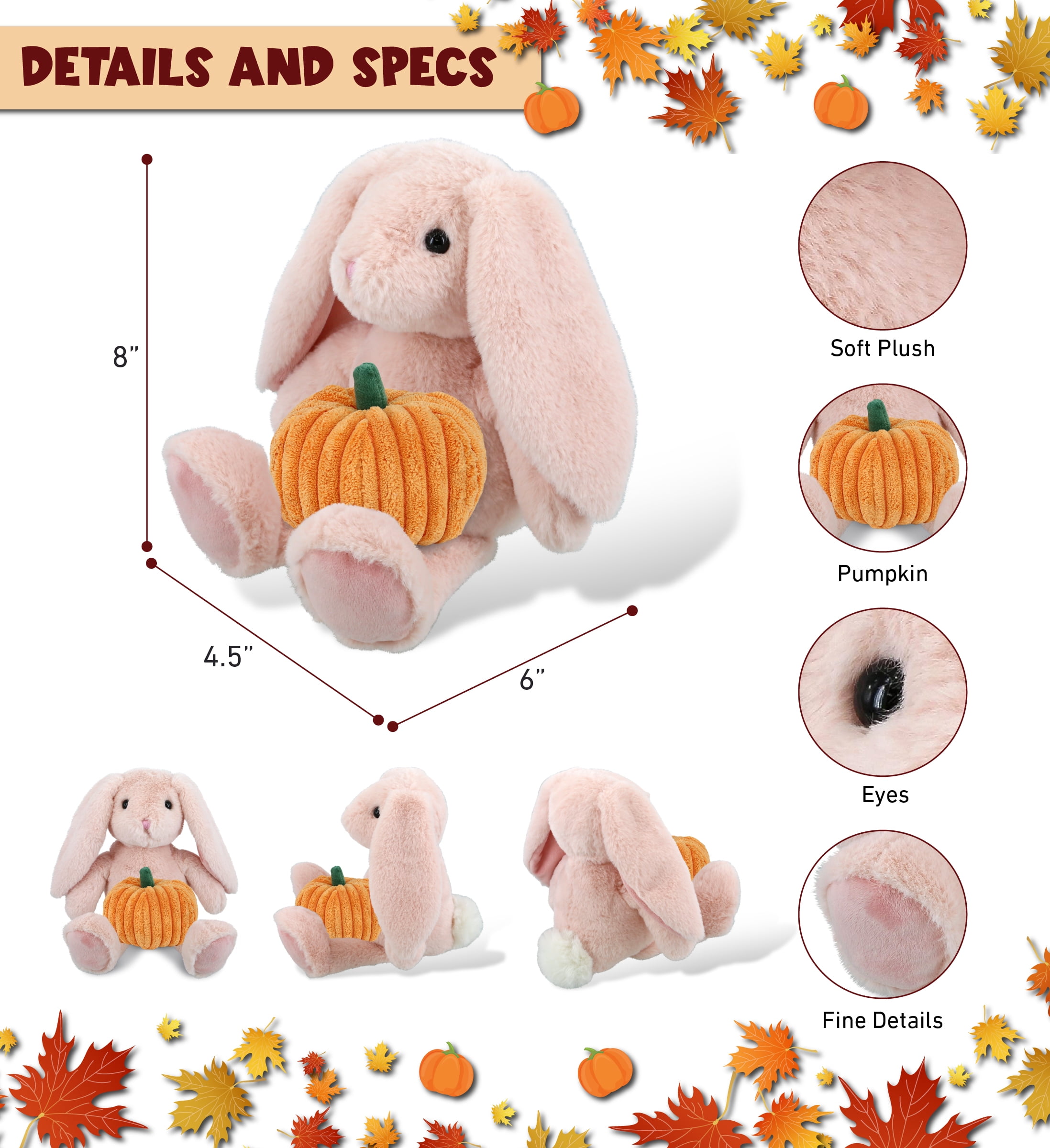 DolliBu Super Soft Baby Pink Rabbit Stuffed Animal with Pumpkin Plush Decor - Rabbit Pumpkin Plush Animal for Fall, Halloween and Thanksgiving, Pumpkin Plush Toy for Baby, Kids, Adults - 8 Inches
