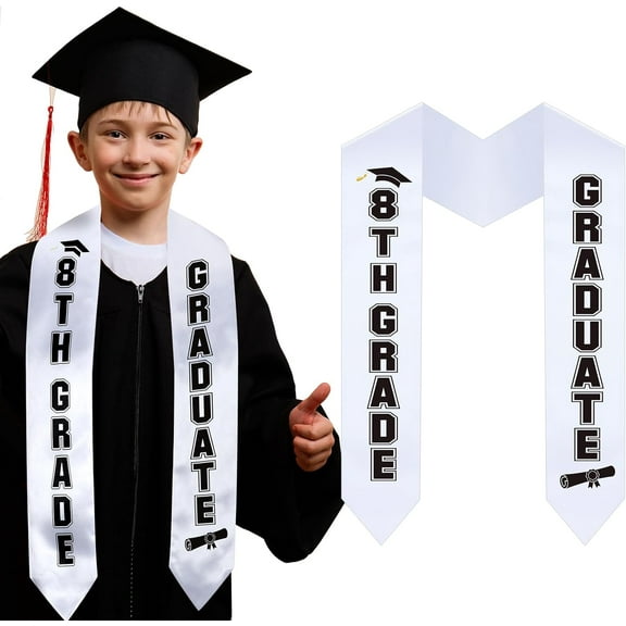 8th Grade Graduation Stole Class of 2025 Graduation Sash White Grad Party Decoration Middle School Boy Kid Unisex Girl
