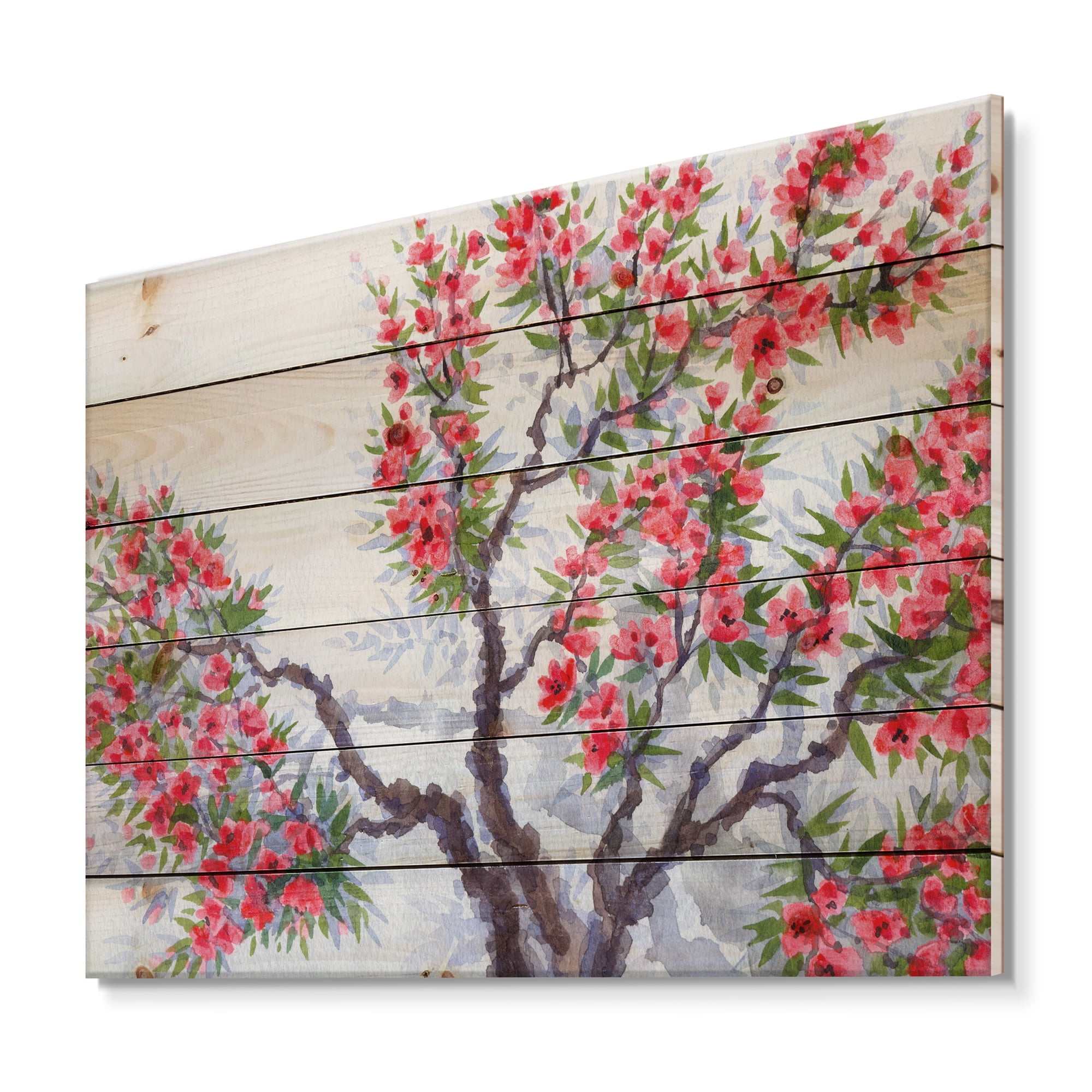 Designart 'Abstract Red Flowers of Spring Tree' Traditional Print on Natural Pine Wood