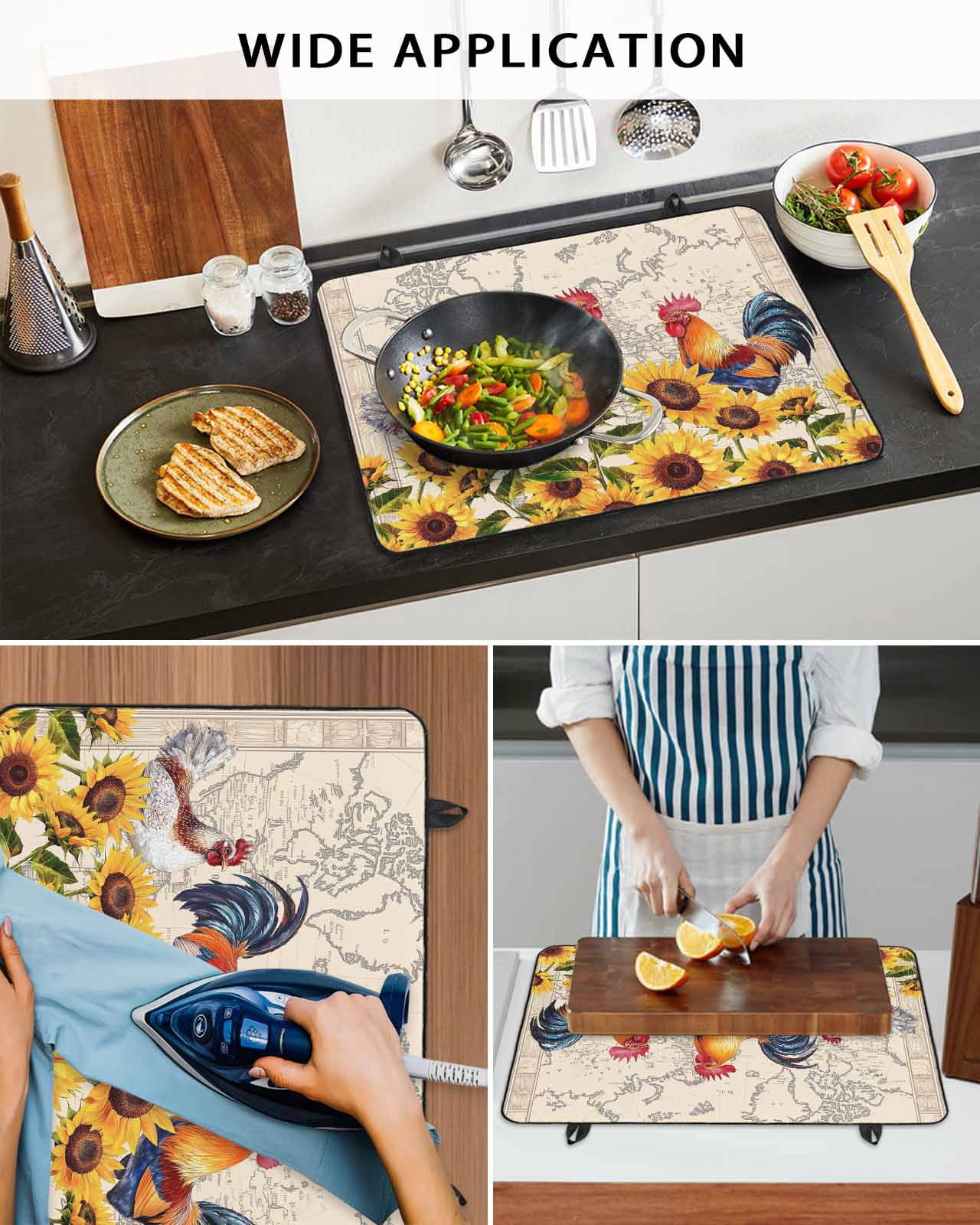 nqOlkjepod Large Induction Cooktop Protector Mat 24"x21", Chicken Sunflowers Stove Top Covers for Electric Stove, Farmhouse Vintage Map Floral Animals Stove Burner Cover Mats, Glass Top Stove Cover