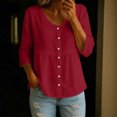 thumbnail image 2 of MaFYtyTPR Womens Linen Shirts 3/4 Sleeve Tops for Women Trendy Solid Color V-Neck Button Cardigan Lightweight Loose Three-Quarter Tee Blouse Z-Red M, 2 of 5