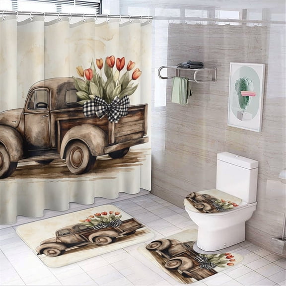 Vintage Truck with Flower Shower Curtain 4 Piece Set Bathroom Sets with Shower Curtain And Rugs 4 Piece Farmhouse Truck Decor Waterproof Shower Curtain for Bathtub Decor