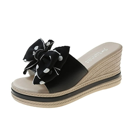 

Strappy Sandals For Women Fashion Heel Ribbon Bow Polka Dot Sandal Black 37