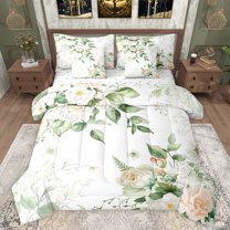 jejeloiu Rustic Flower 7pcs Bedding Comforter Set,Cute Cartoon Floral Queen Bedding Sets,Green White Queen Sheet Sets For Kids,Luxury Bedroom Decor Reversible