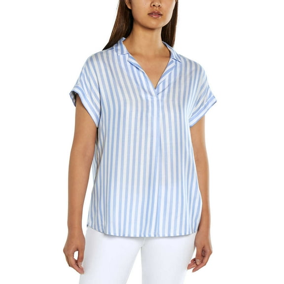 GAP Ladies' Popover Notched Collar Tacked Cuffs Blouse, Light Blue White XL