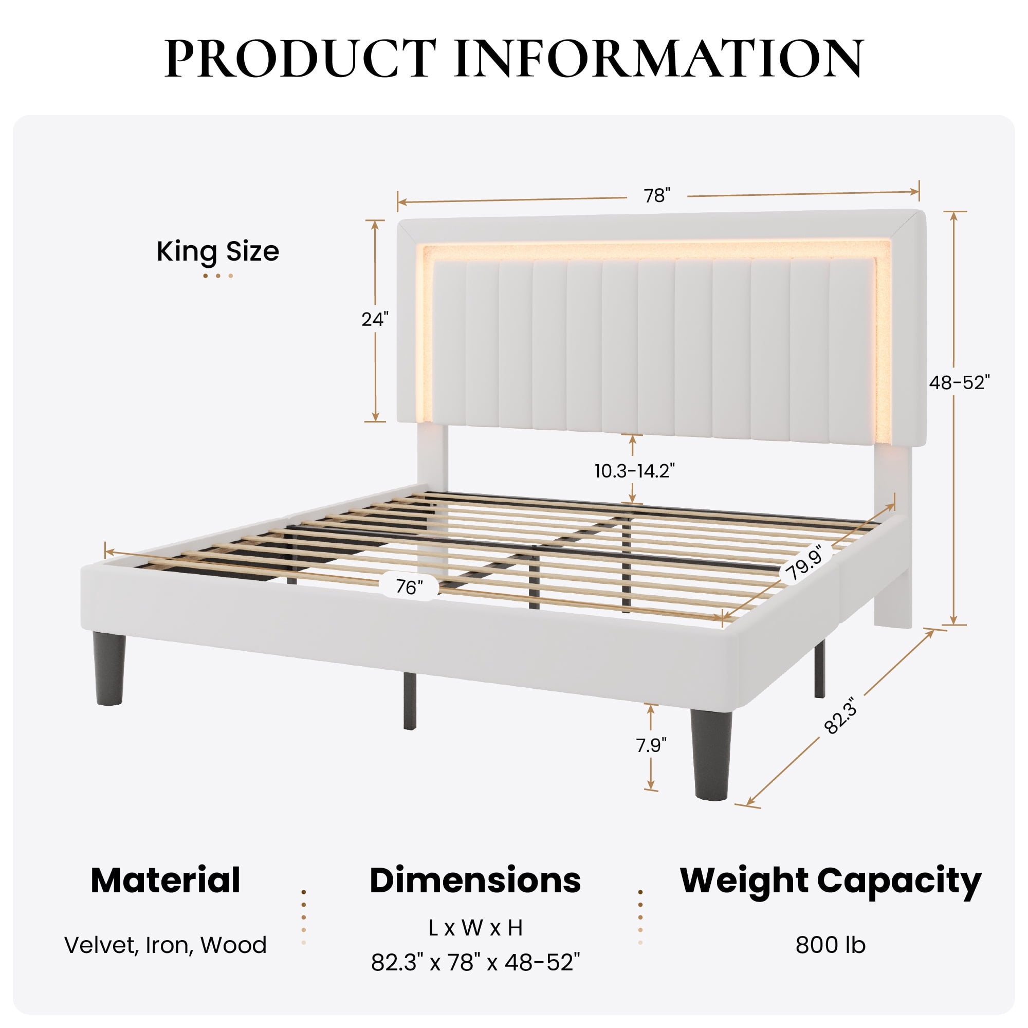 SHA CERLIN King Size Velvet Bed Frame with LED Light, Adjustable Vertical Channel Tufted Headboard, Strong Wooden Slats Support, Noise-Free, No Box Spring Needed, White