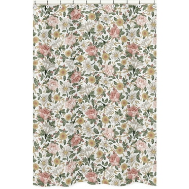 Vintage Floral Boho Bathroom Fabric Bath Shower Curtain by Sweet Jojo Designs - Blush Pink, Yellow, Green and White Shabby Chic Rose Flower Farmhouse