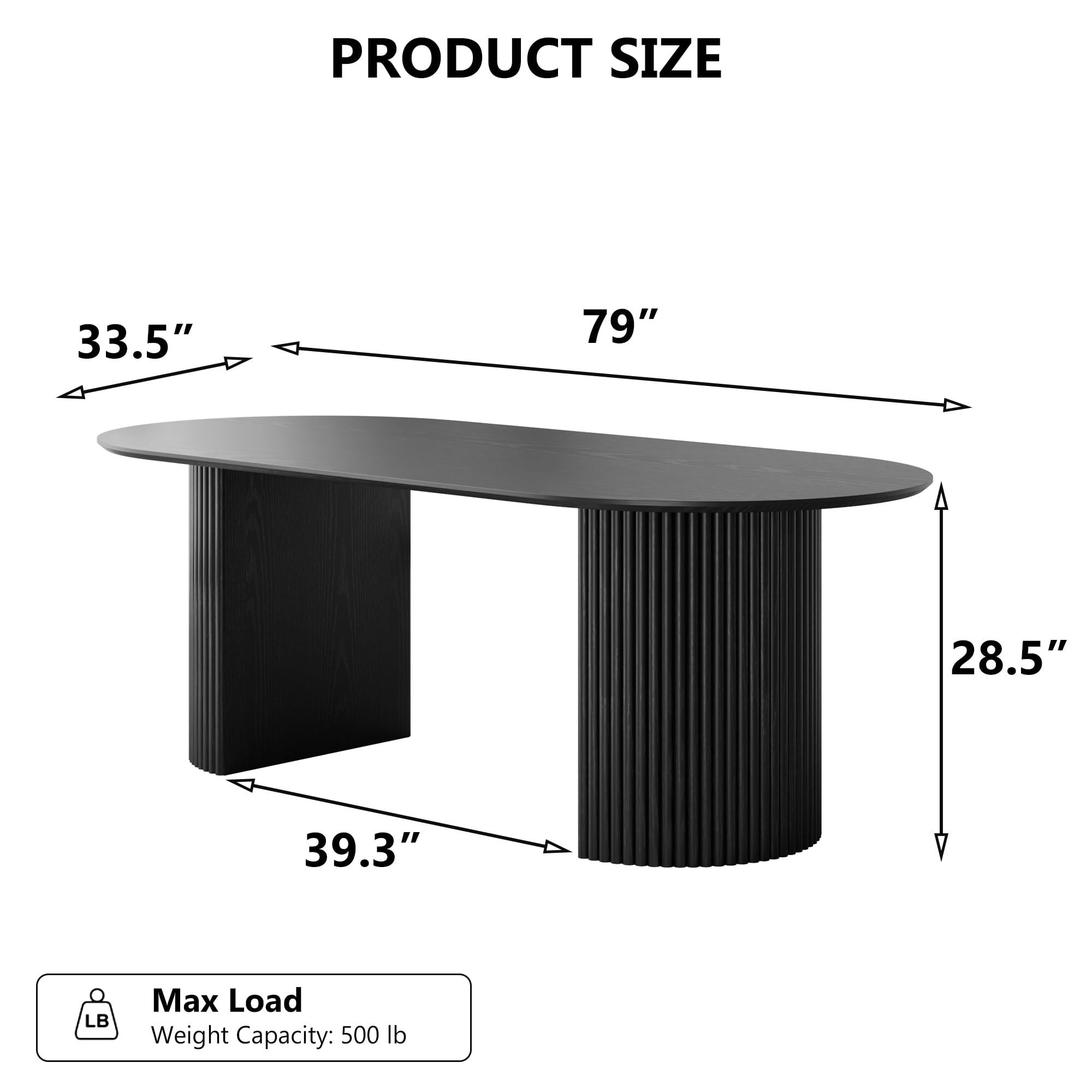 MAYEERTY 79*33.5*30"Oval Black Dining Table with Beveled Edge Top & Convex Fine-Striped Cylinder Split Base