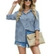 thumbnail image 1 of Blusa de ajuste casual Cuello en V Abotonado Manga larga enrollable Cuello vuelto Blusa holgada Azul claro 2XL, 1 of 6