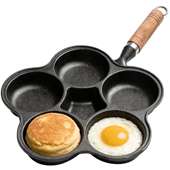 Cast Iron 5-Cup Egg Divider Skillet, Nonstick Divided Frying Pan with Wooden Handle, Breakfast Skillet Omelet Pan for Round Eggs