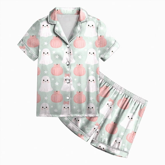 HCNTES Girls Halloween Pajamas Halloween Girls Pajamas Pumpkin Ghost Print Short Sleeve 2 Piece Button Down PJs for Toddler Kids Soft Sleepwear Little Girl Pajamas