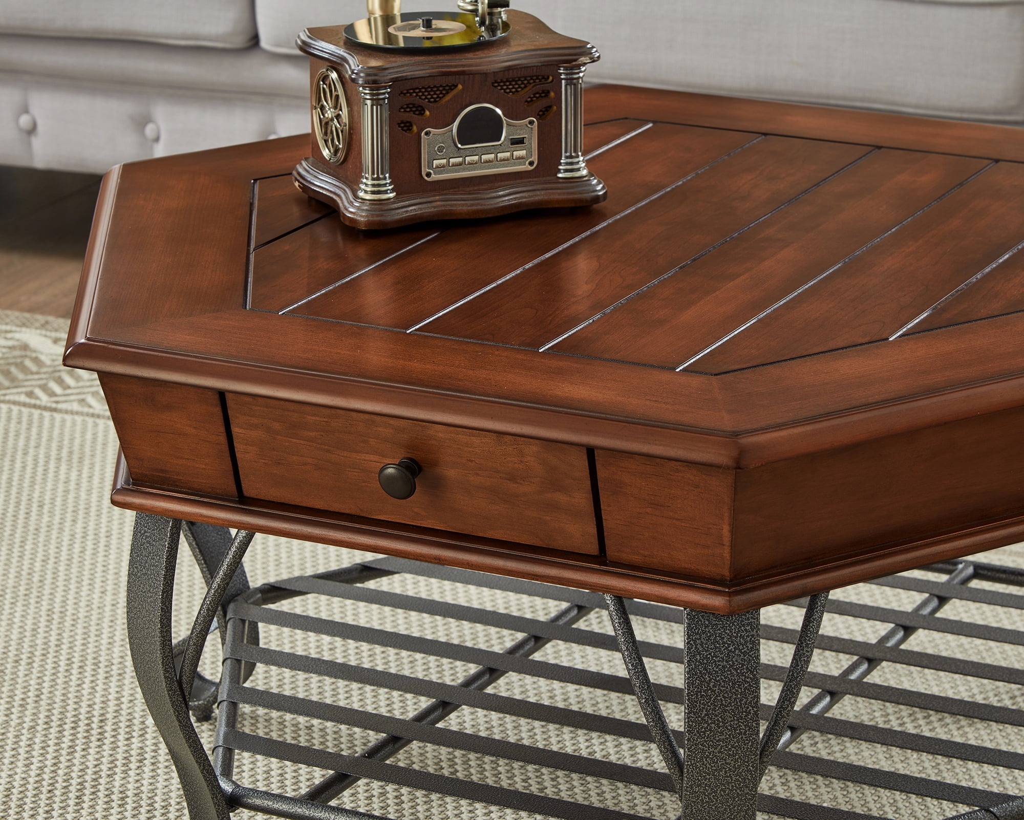 40" Wood Coffee Table, Vintage, Hexagonal, Solid Wood Top, with Drawer Storage, Walnut