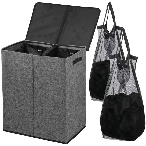 Okaka 142L Double Laundry Hamper 2 Compartments with Lid Collapsible for Bedroom, Laundry Room, Closet, Bathroom(Grey)