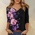 thumbnail image 2 of Women's V-Neck Floral Print 3/4 Sleeve T-Shirt, Cute Casual Blouse with Relaxed Fit for Plus Size Comfort and Stylish Everyday Wear,Black L, 2 of 5