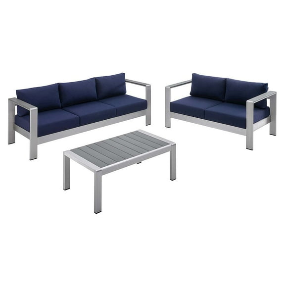 Modway Shore Sunbrella® Fabric Outdoor Patio Aluminum 3 Piece Set in Silver Navy