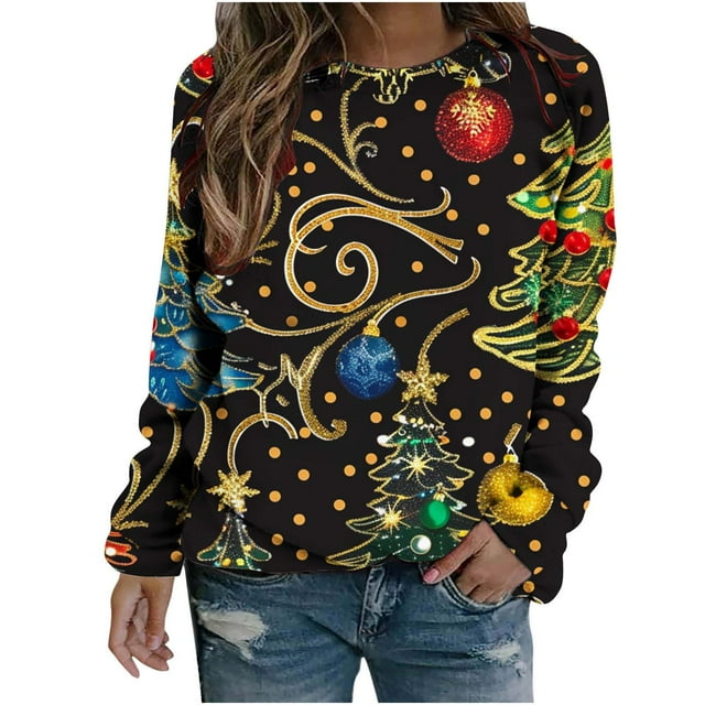 RKSTN Chandail pour Femmes Automne et Hiver Noël Rétro Scintillant Imprimé Arbre de Noël Col Rond à Capuche Chandail à Manches Longues Haut Chandail à Capuche Chandail de Noël
