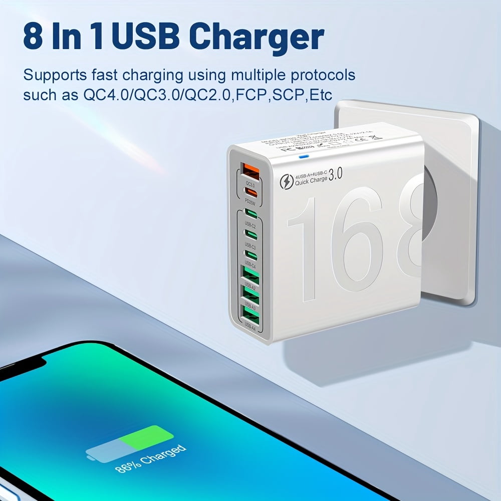 8 Ports PD + USB QC3.0 Type C Mobile Phone Fast Charging Adapter, 4PD + 4USB Fast Charging Charger Adapter, US Plug Portable Convenient Travel Charger Wall Charger