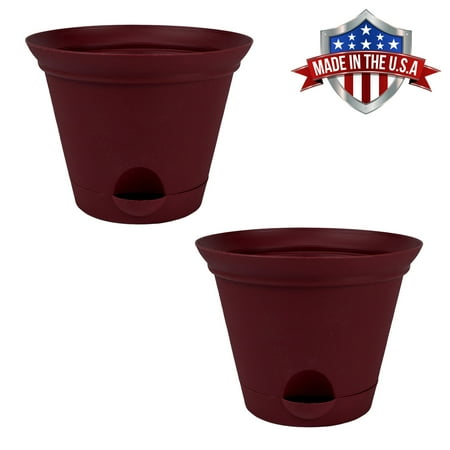 Plastic Flower Planters 2 Pack 11.5 Inch Salsa Red Plastic Self Watering Terra Flower Pot or Garden Planter ()