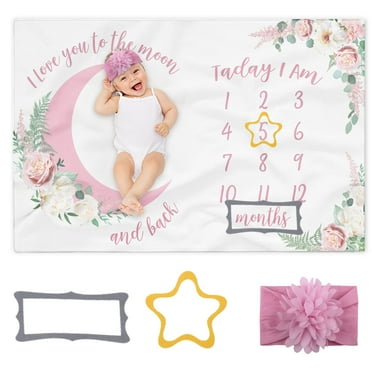 Milestone Blanket for Baby Girl, Moon Baby Monthly Milestone Blanket for Little Girl, Baby Age Blanket with Growth Chart Blanket for Newborn Picture New Moms Set Baby Girl Shower Gifts(30"x40")