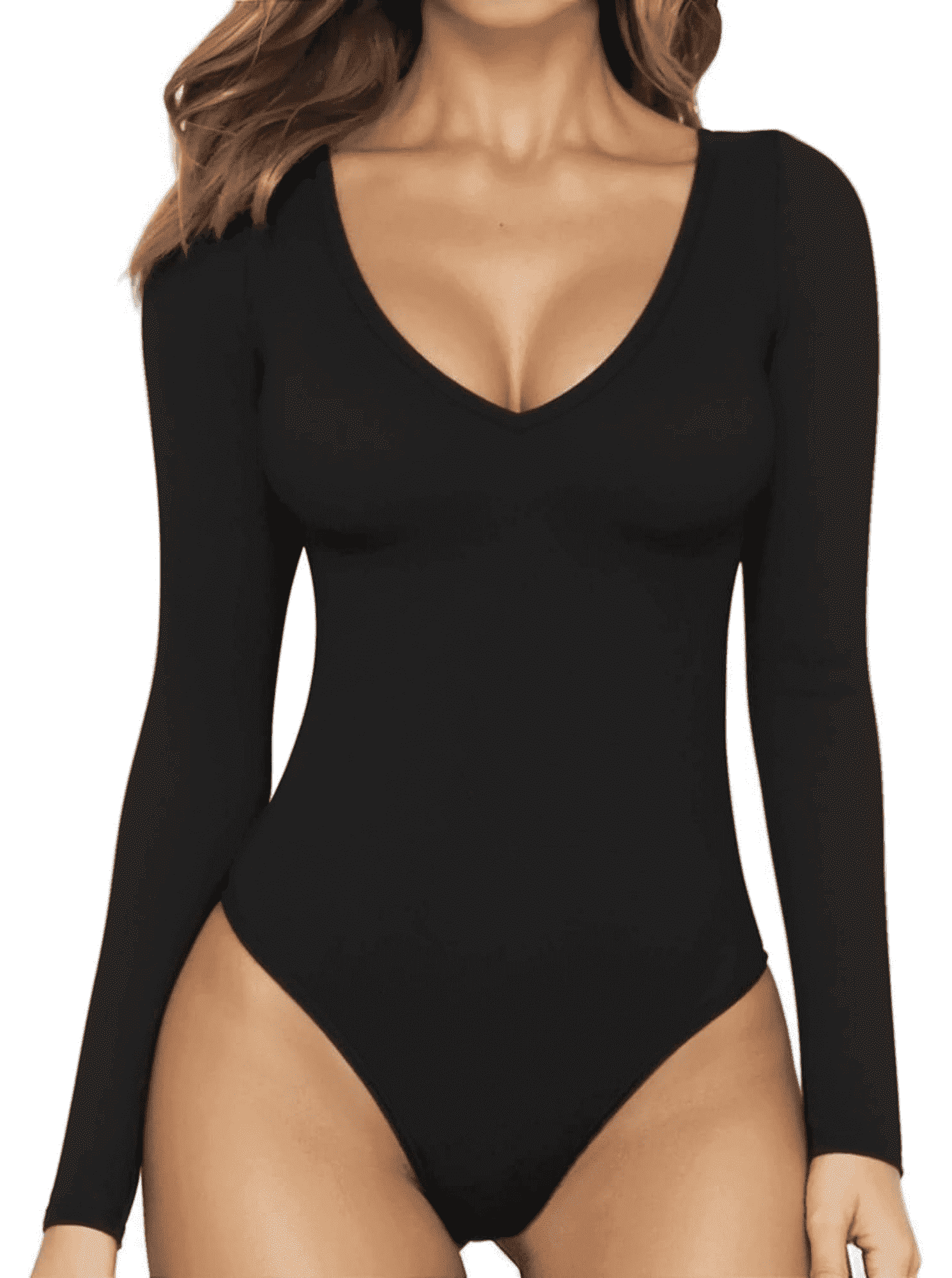 SOMER Black Long Sleeve Bodysuit, Deep V Neck, Tummy Control, Snap