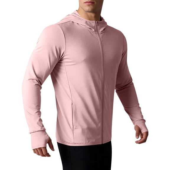 Mens UPF 50 Sun Protection Jacket Hooded Long Sleeve Zipper Lightweight Quick Dry Athletic Top with Pockets and Thumb Hole Pink XL