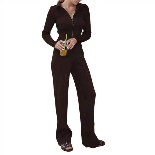 Conjunto de Dos Piezas para Mujer, Pantalón Deportivo de Pierna , Media Cremallera, Larga y Cuello en V. Café L
