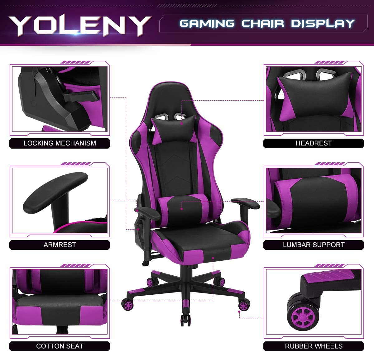 Erommy Gaming Chair with Headrest and Lumbar Support Lumbar Pillow,Purple 
