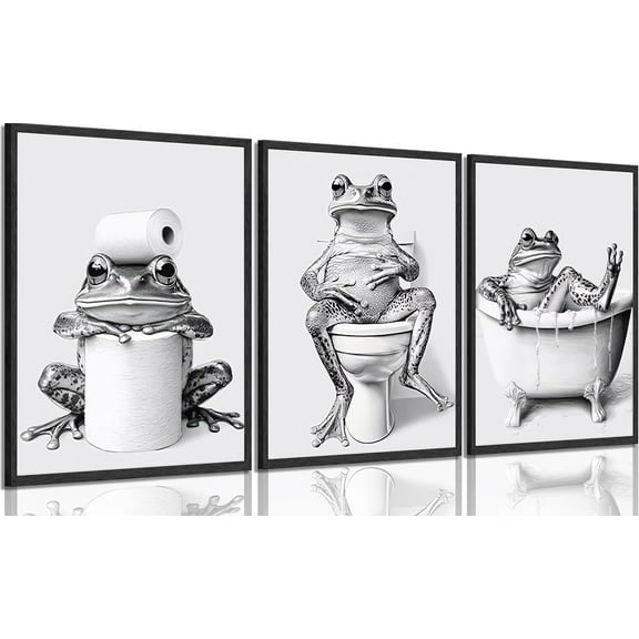 Funny Bathroom Frog Wall Art Cute Animals in Bathtub Painting Picture Wall Decor Trendy Vintage Black And White Animal Poster Print Artwork for Toilet Restroom Home Decoration(Framed canvas)