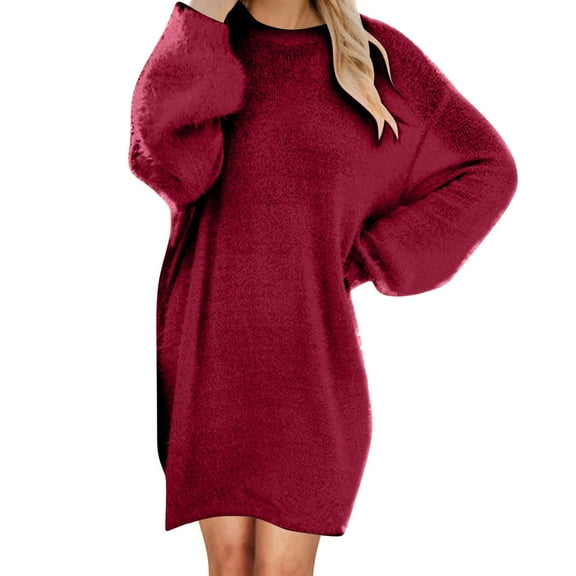 GigrtiJin Womens Medium Length Plush Dress Long Sleeved Round Neck Loose Dresses Comfy Casual Solid Color Dress