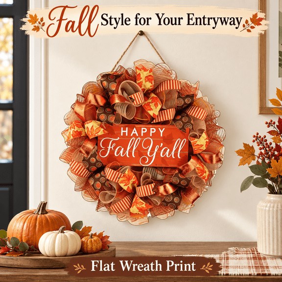 Thanksgiving Ribbon Wreath Ornament, Wooden Print Happy Fall Y'All Harvest Front Door Wreath Hanging Sign for Farmhouse Porch Entryway Fall Home Decor Orange