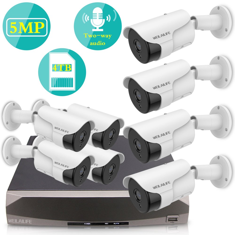 【5.0MP Two Way Audio】 PoE Security Camera System, 8pcs 5MP Wired