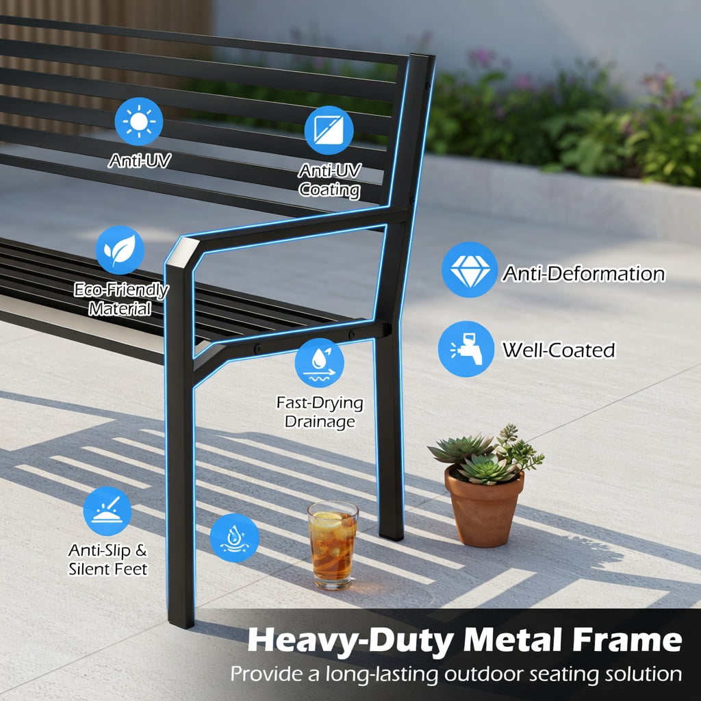 Hommoo 50" Heavy-Duty Outdoor Metal Patio Bench for 2-3 People, Slatted Garden Bench with Reinforced Frame & Non-Slip Feet, Black