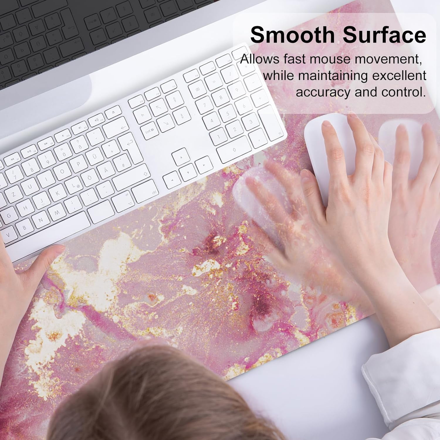 Large Mouse Pad, Cute Pink Desk Mat for Desktop, Women Girls PU Leather Waterproof Gaming, Rose Gold Marble Computer PC Laptop Protector Writing Pads for School Office Home 31.5" x 15.7"
